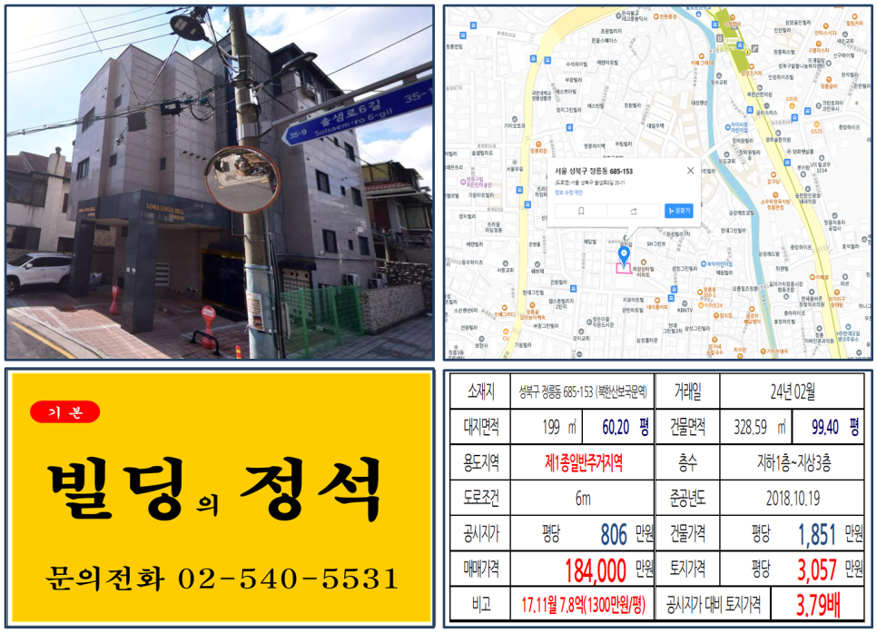 성북구 정릉동 685-153번지 건물이 2024년 02월 매매 되었습니다.