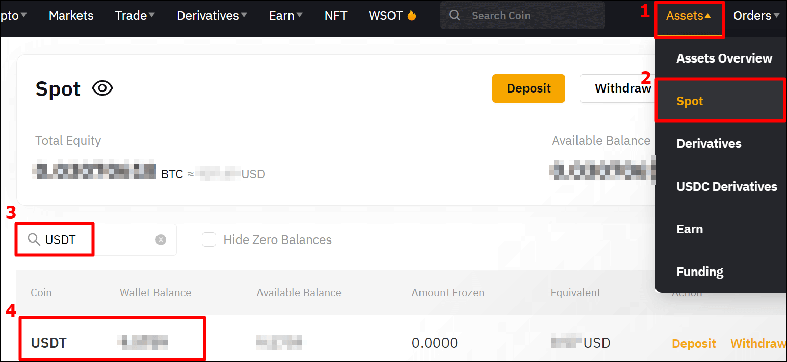 Assets &rarr; Spot &rarr; USDT &rarr; 잔고확인 순서를 보여주는 사진