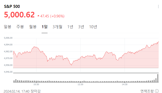 미국 S&P500 5000포인트 넘은 모습