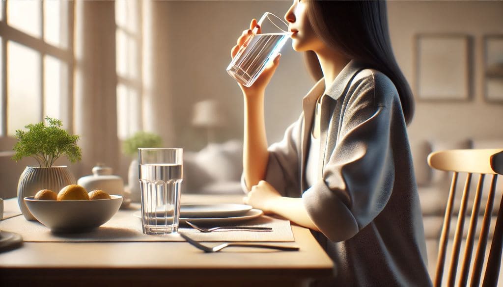 식사가 끝난 후 식탁이 깨끗하게 정리가 되고 여성이 여유롭게 물을 마시고 있는 장면입니다.