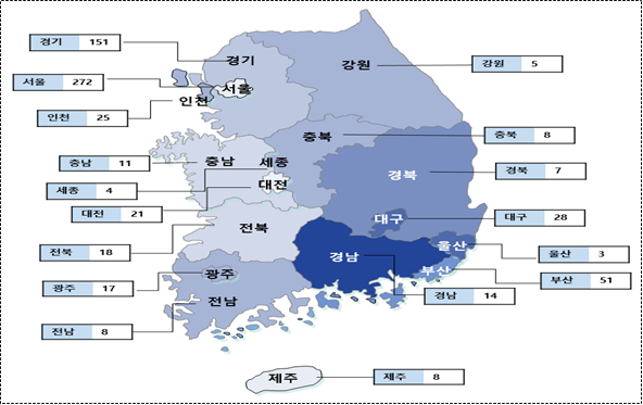 전국 우울증 치료 1등급 분포 현황 입니다.