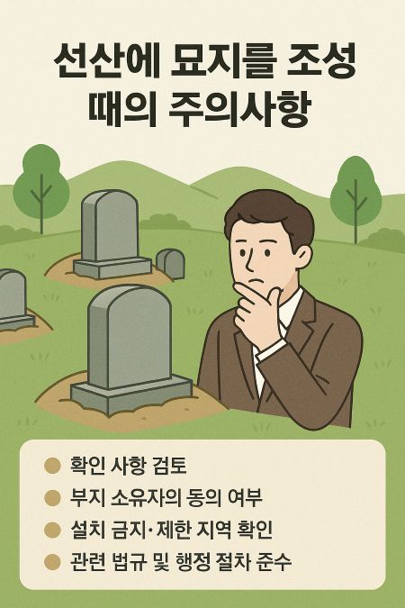 선산에 묘지를 조성할 때 고려해야 할 법적 주의사항을 설명하는 일러스트로, 묘지 앞에서 고민하는 남성과 함께 확인사항, 소유자 동의, 제한 지역 여부, 법적 절차 준수를 안내하는 항목이 정리된 이미지