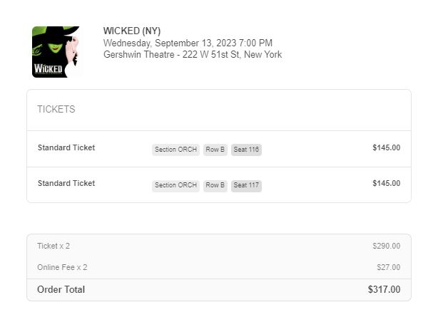 wicked ticket purchase detail