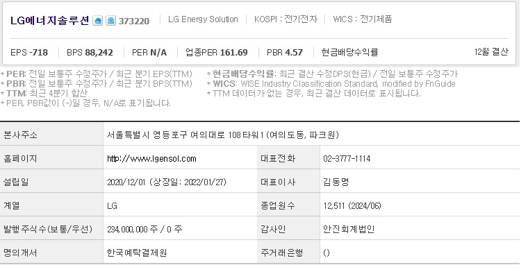 LG에너지솔루션 주가 기업개요 (1024)