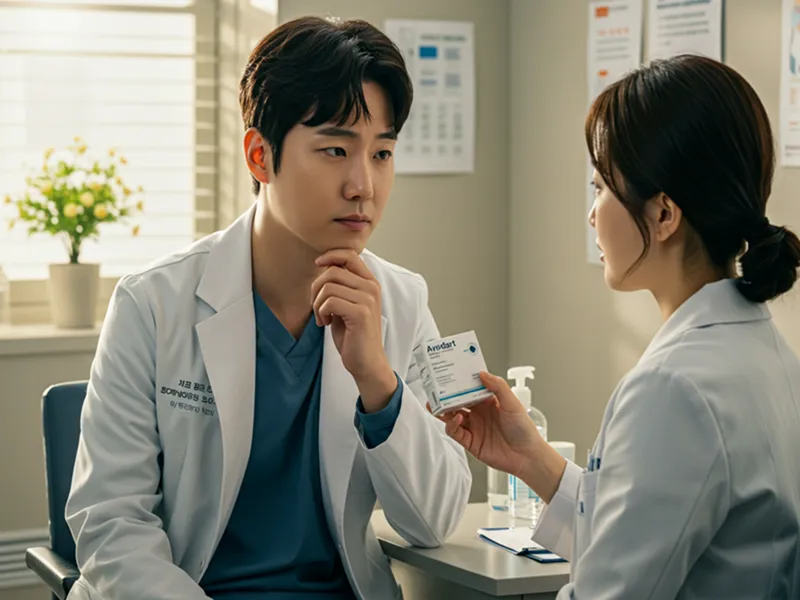 탈모 치료를 위해 아보다트 복용을 상담하는 남성 환자와 오혜진 의사, 약의 효과와 부작용에 대해 신중히 고려하는 모습.