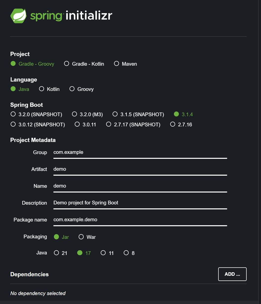 https://start.spring.io/ 화면