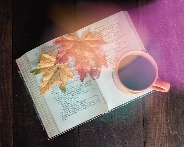 책과 낙엽과 커피 이미지