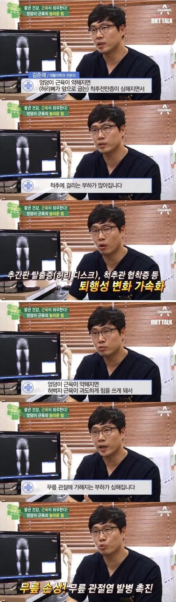 중년근무한다.
엉덩이 근육이 약해지면 (허리뼈가 앞으로 굽는 척추전만증이 심해지면서
중년 간 근육이 좌우한다.
척추에 걸리는 부하가 많아집니다
흉년 건강 근육이 좌우한다
DET TALK
추간판 탈출증(허리 디스크), 척추관 협착증 등
퇴행성 변화 가속화
중년 건강, 근육이 좌우한다.
엉덩이 근육이 약해지면 허벅지 근육이 과도하게 힘을 쓰게 돼서
무릎 관절에 가해지는 부하가 심해집니다
중년 건강, 근육이 좌우한다.
DIET TALK
무릎 손상 무릎 관절염 발병 촉진