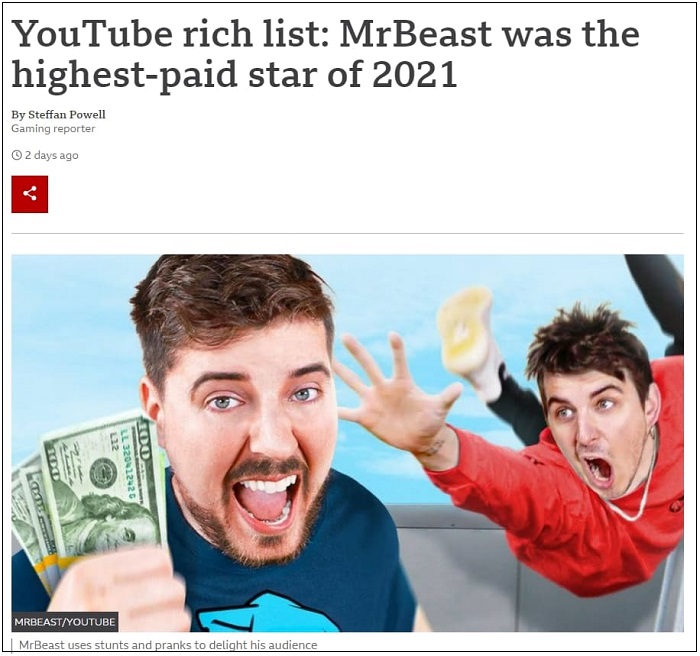 [톱 10 유튜버] 작년 최고 수익 올린 유튜버는 VIDEO: [Top 10 youtuber] YouTube rich list: MrBeast was the highest-paid star of 2021