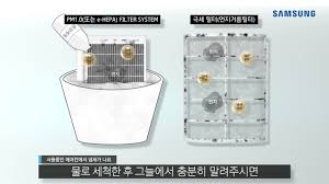 삼성 무풍 에어컨 필터 청소_ 오물이 묻은 필터와 물통에 필터가 담겨져 있는 그림