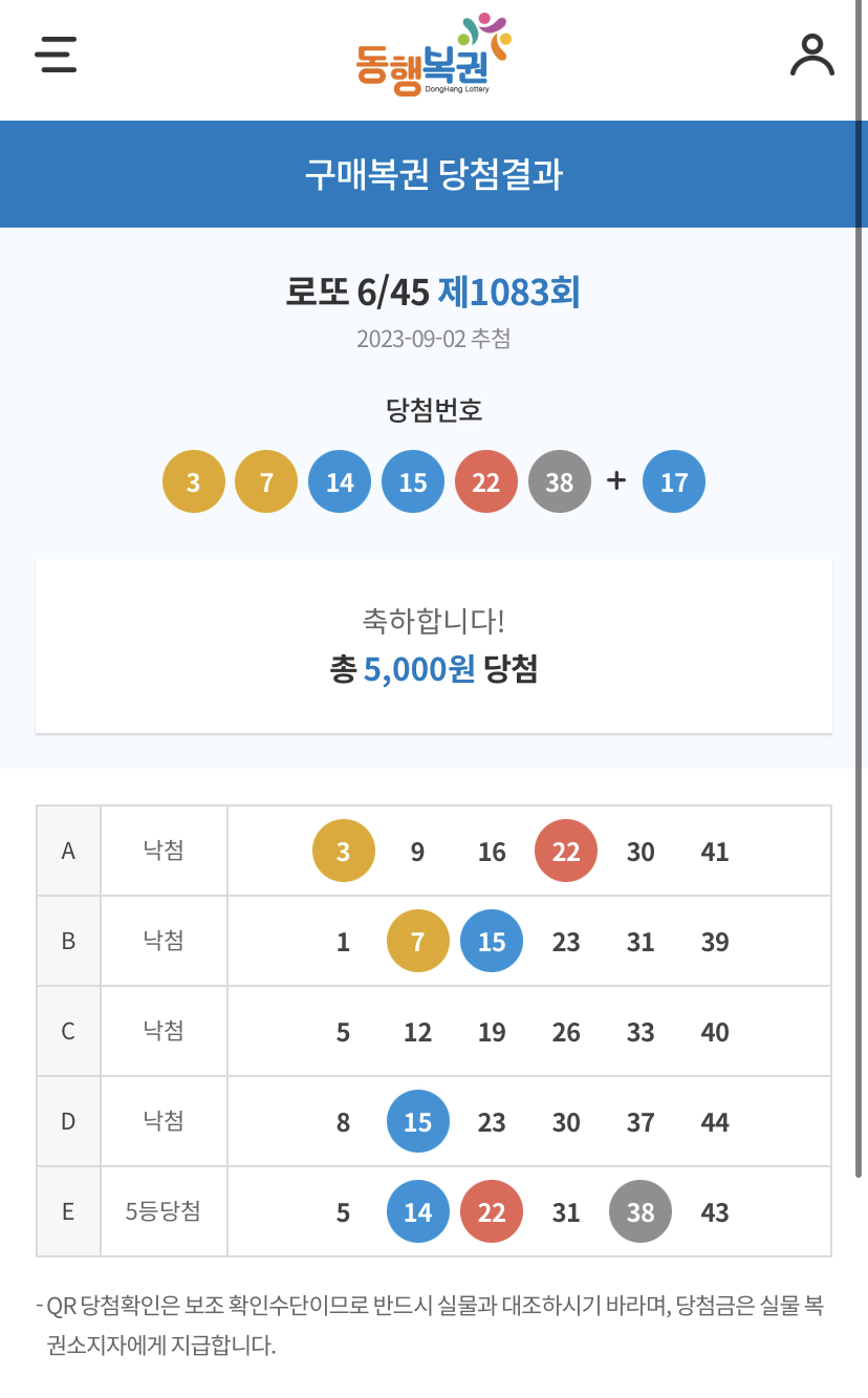 1083회차 온라인 5등 당첨 캡처