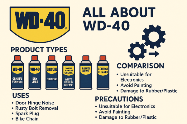 WD-40 제품 종류와 용도, 사용 시 주의사항을 정리한 인포그래픽