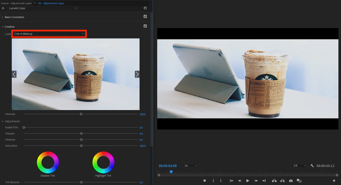 프리미어 프로의 lumetri color로 lut을 입혀 색 보정을 하는 모습