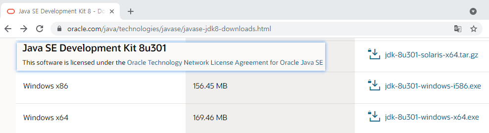 oracle.com홈페이지의JAVA8버전