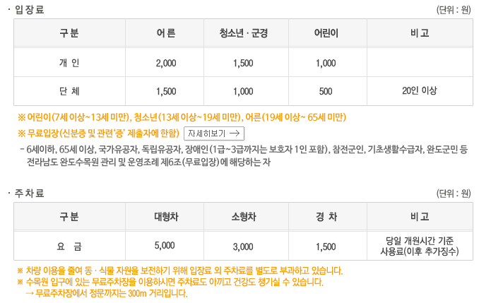 완도수목원 이용요금 및 주차료