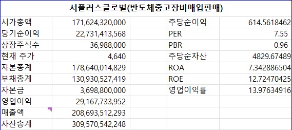 서플러스글로벌의 투자 분석 표입니다.