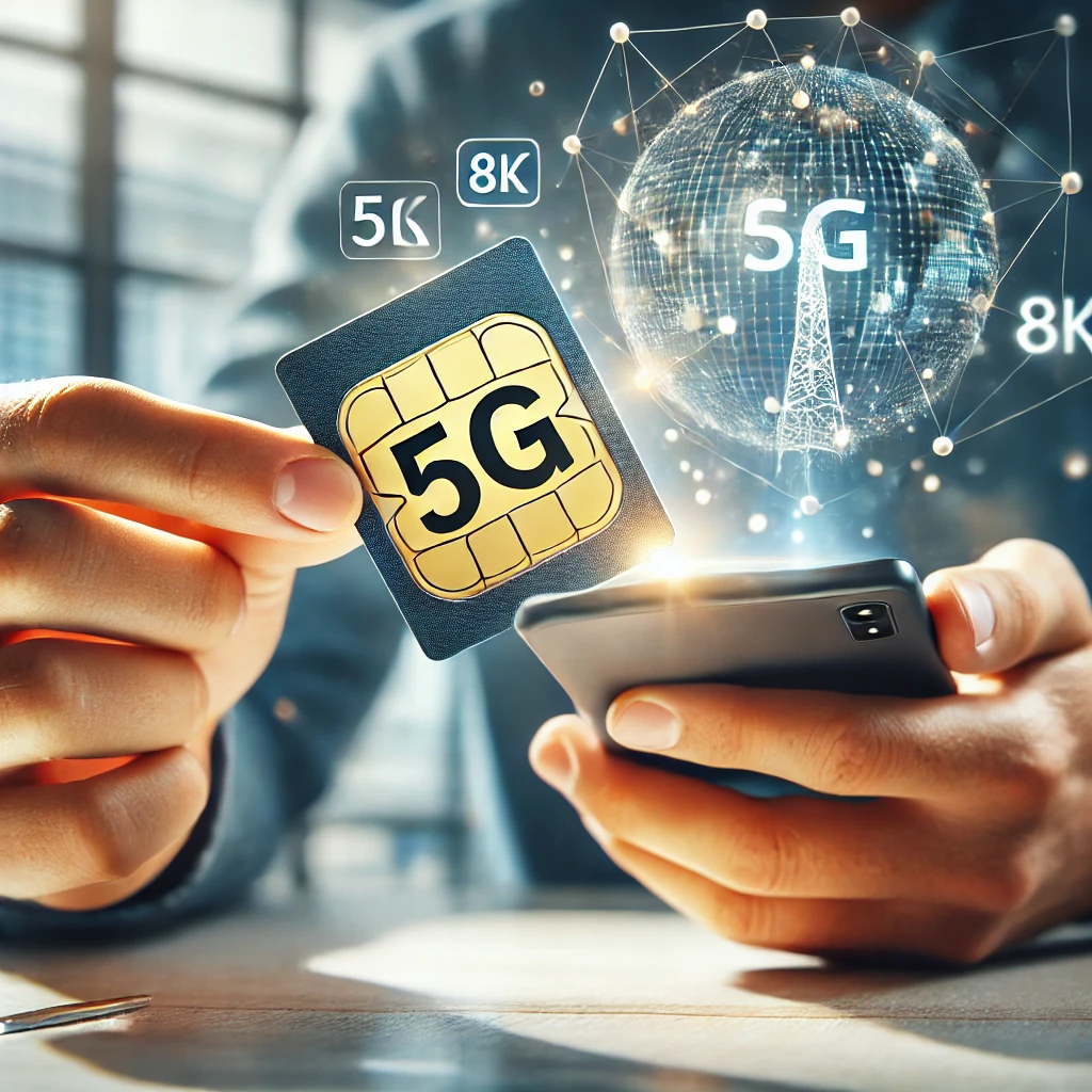 최신 5G 유심을 들고 있는 사람의 손