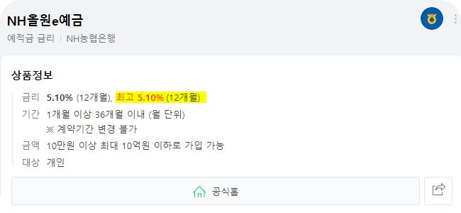  NH농협은행NH올원E예금 상품정보