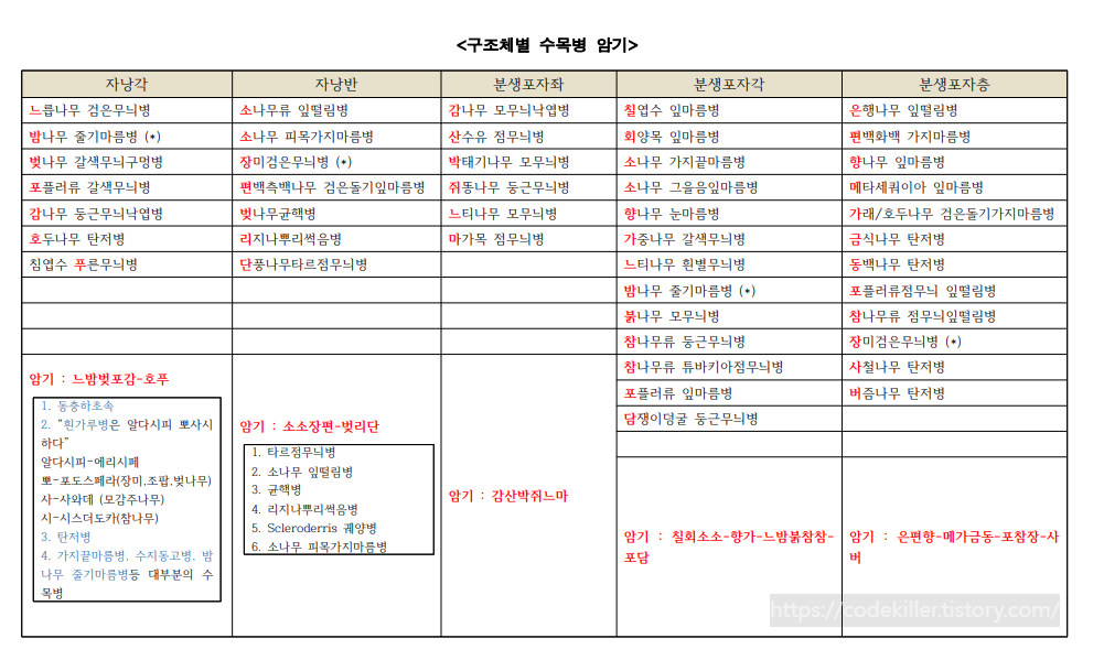 [서술형/단답형] 구조체별 수목병 암기 (자낭각, 자낭반, 분생포자좌, 분생포자각, 분생포자층)