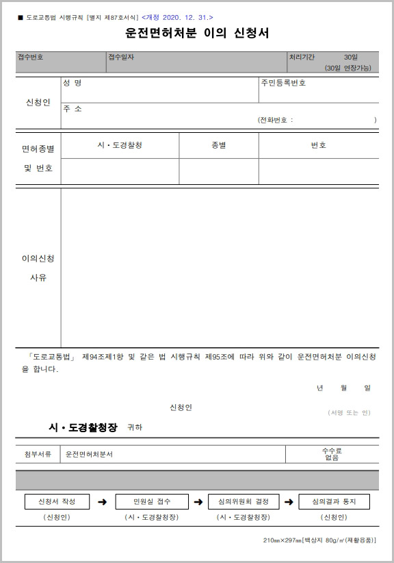  운전면허행정처분 이의신청서 양식 다운로드