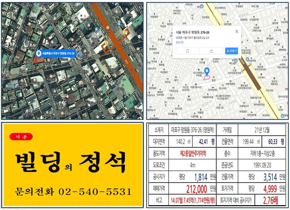  [마포구 망리단길 20억 꼬마빌딩 실거래가 조회] 망원동 376-26 (망원역) 21억 2,000만 원, 평당 4,999만 원 매매되었습니다.