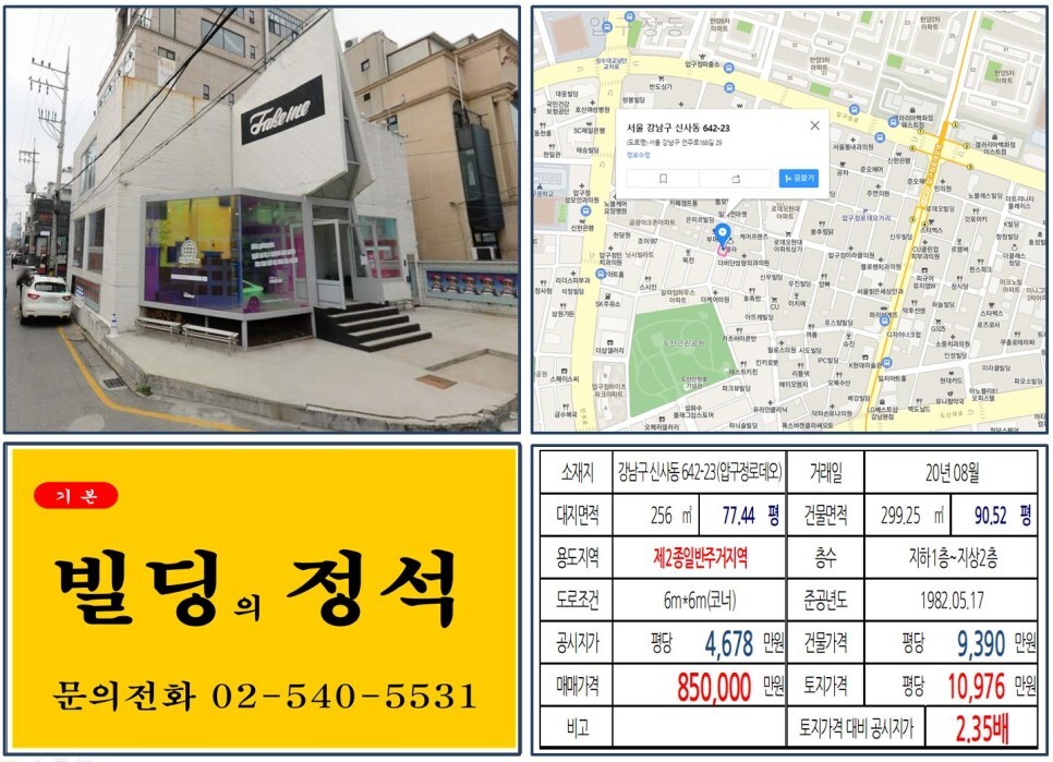  [강남구 도산공원 80억 꼬마빌딩 실거래가 조회] 신사동 642-23 (압구정로데오역) 85억 원, 평당 1억 976만 원 매매되었습니다. 압구