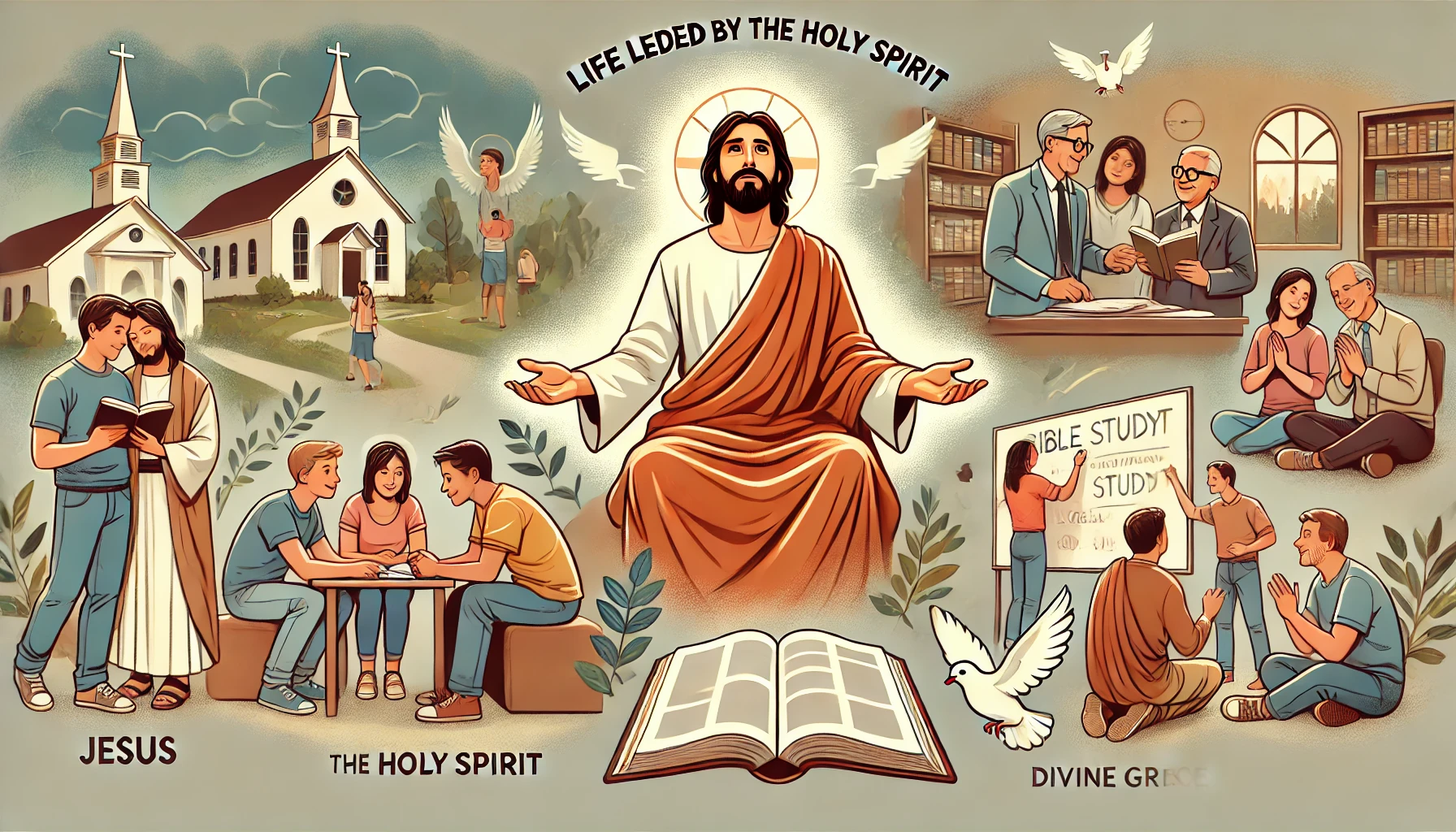 Here is the illustration showing a modern person living a life led by the Holy Spirit&amp;#44; resembling Jesus&amp;#44; and actively spreading the gospel. The scene depicts the person praying earnestly&amp;#44; listening to the Holy Spirit&amp;#39;s guidance&amp;#44; and teaching and nurturing others in faith. It includes activities like community outreach&amp;#44; leading Bible study groups&amp;#44; and providing spiritual support&amp;#44; reflecting devotion&amp;#44; compassion&amp;#44; and the empowering presence of the Holy Spirit.