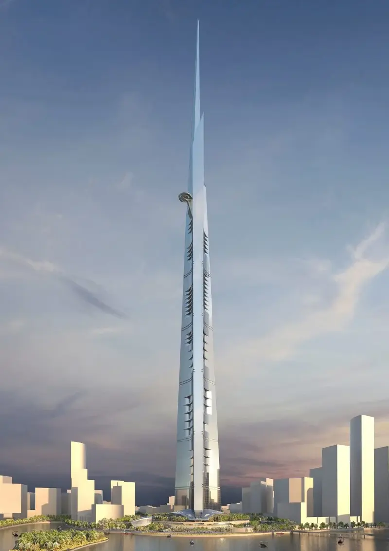 프로젝트 렌더링에서는 삼각형 베이스와 날렵하고 각진 형태를 갖춘 세계 최고의 높이를 가진 타워를 보여줍니다