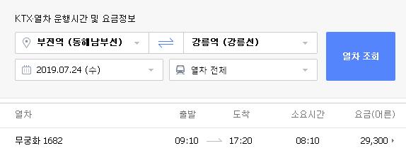 부전-강릉-열차시간표-운행요금