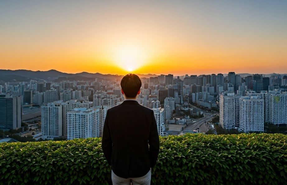 일출을 보고 있는 청년
