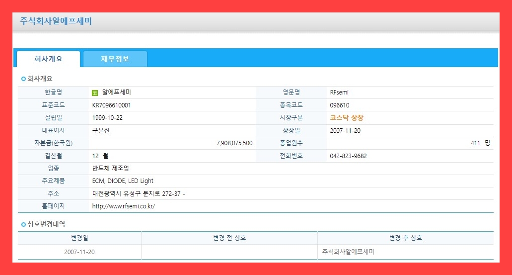 알에프세미 (096610) 주식 주가 거래소 공시 시세 [정정]회사분할 결정(물적분할)