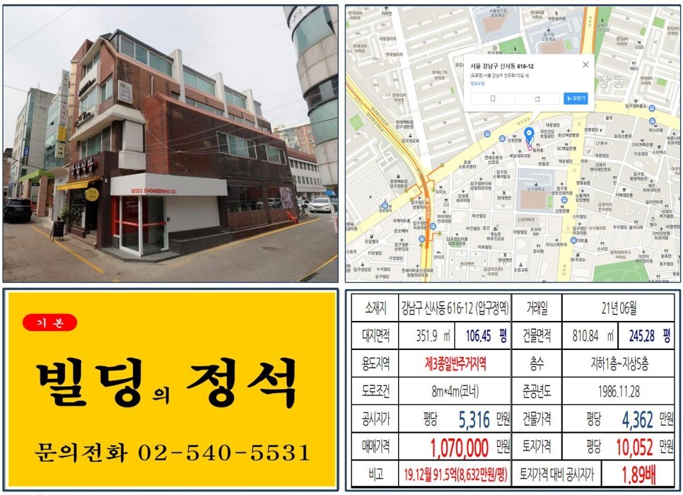  [강남구 압구정 현대아파트 재건축 100억 올근생 꼬마빌딩 실거래가 조회] 신사동 616-12 (압구정역) 107억 원, 평당 1억 52만 원 매매되었습니다.
