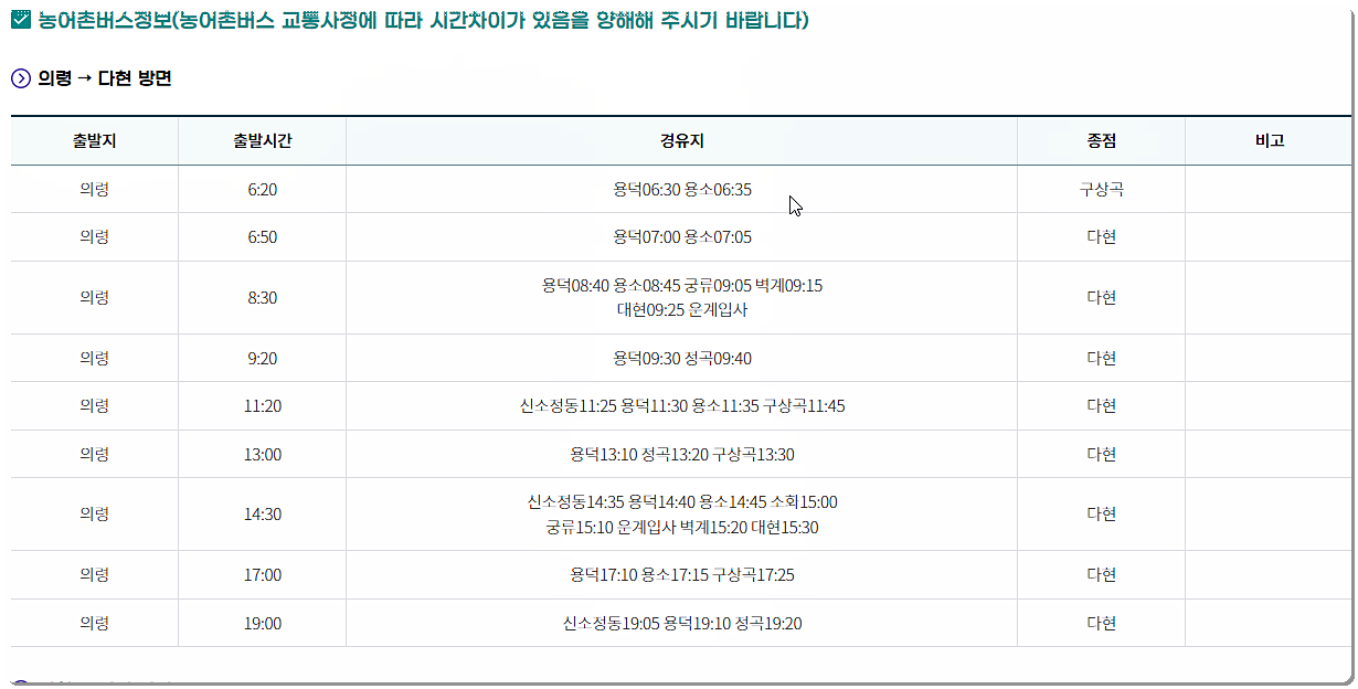 의령군 농어촌버스 정보