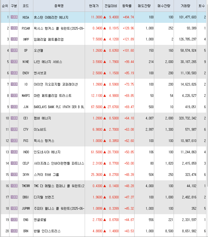  3월7일 미국주식 상승률 상위 종목 TOP 300