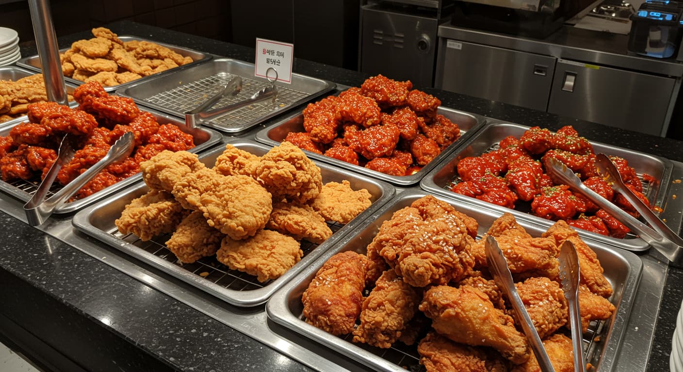 &quot;부천 치킨 뷔페 셀프바 – 한국식 후라이드 치킨과 양념치킨이 무한리필로 제공되는 셀프 매장 모습&quot;
