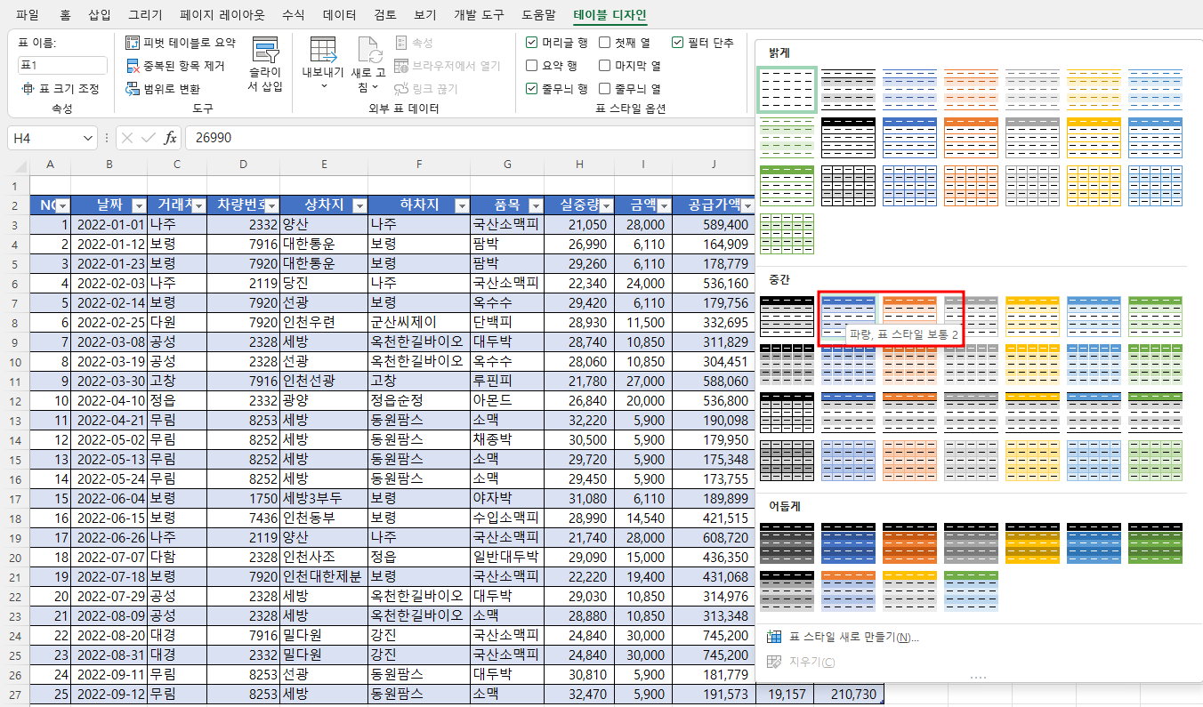 표 스타일로 파랑, 보통 2를 선택함