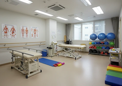 평행봉과 치료용 침대 운동도구들이 정돈된 한국 요양원의 밝고 넓은 물리치료실 내부 사실적인 사진