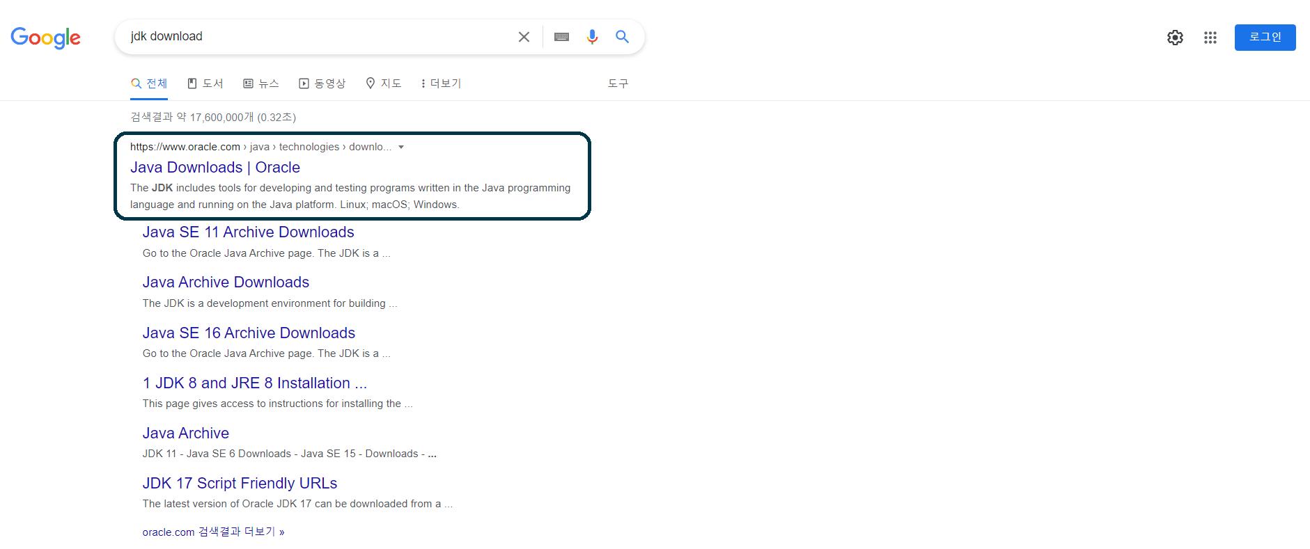 jdk-다운로드-검색-페이지-모습
