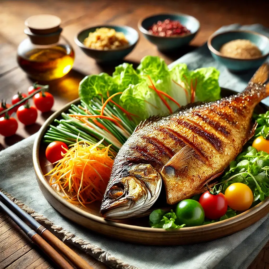 전어구이와 상추, 방울토마토, 당근이 곁들여진 접시 이미지.