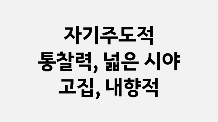 자기주도적&#44; 통찰력&#44; 넓은 시야&#44; 고집&#44; 내향적