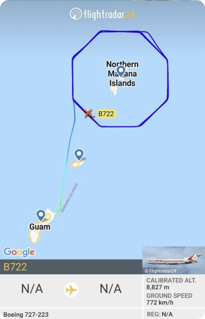 온라인 비행 추적 데이터는 Raytheon의 Voodoo 1 시험비행기가 사이판과 타이니 주변을 비행하고 있음을 보여주고 있다.