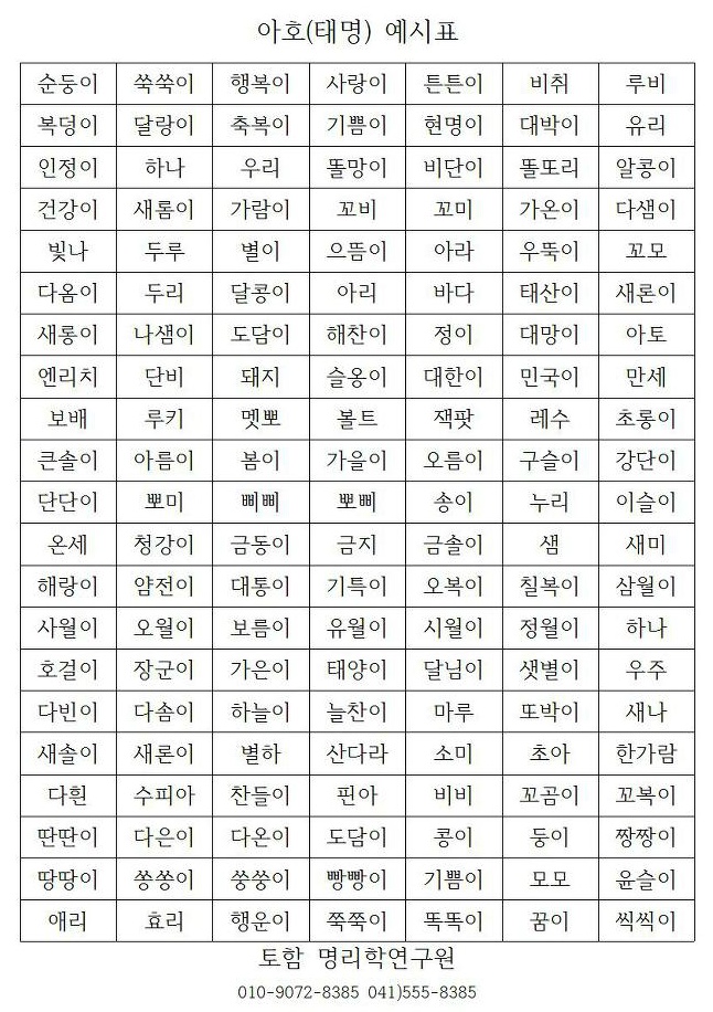 배냇이름 추천표