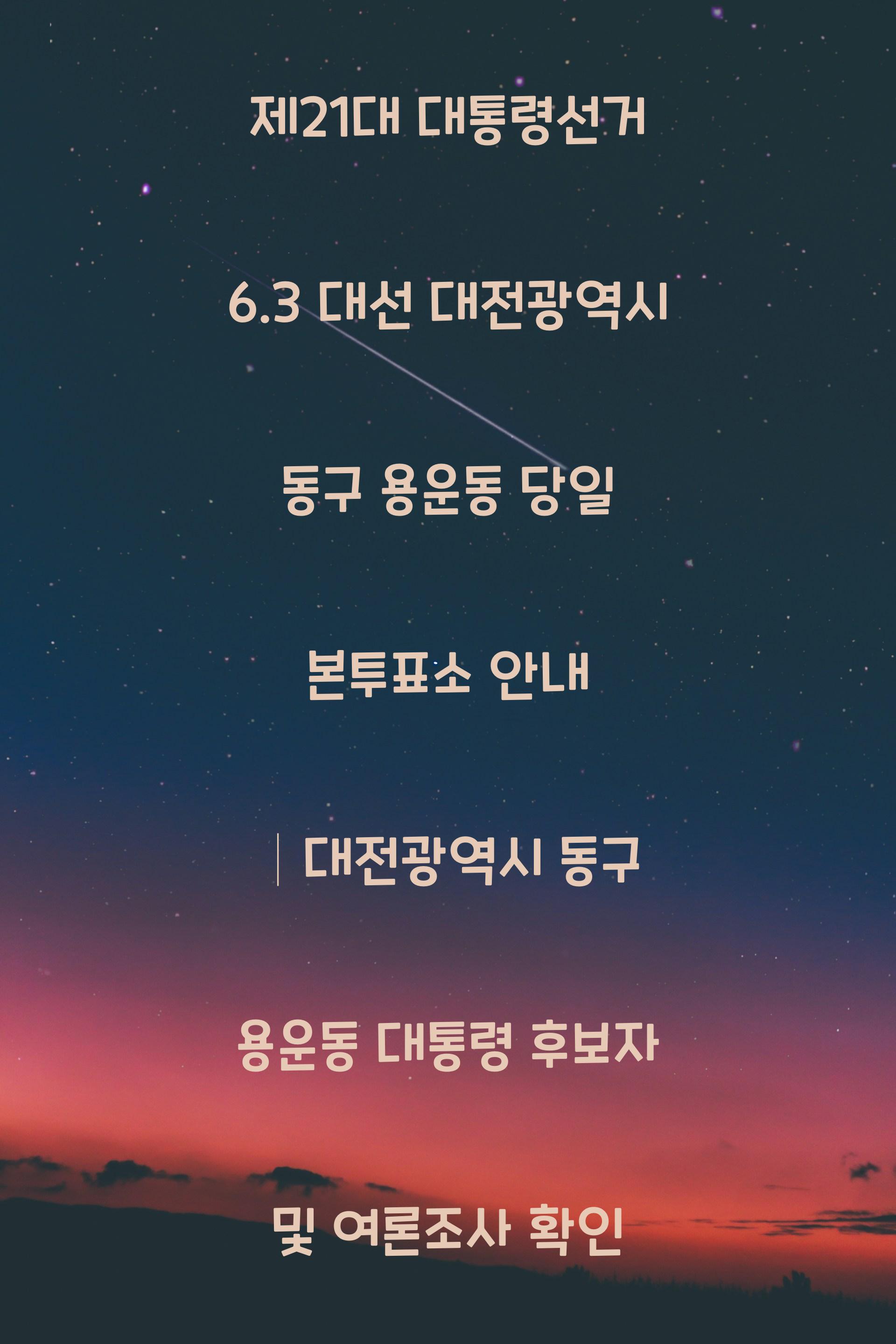 제21대 대통령선거 6.3 대선 대전광역시 동구 용운동 당일 본투표소 안내 │대전광역시 동구 용운동 대통령 후보자 및 여론조사 확인