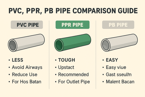 파이프 비교 인포그래픽 – PVC, PPR, PB 파이프의 종류와 특징을 도식화한 이미지