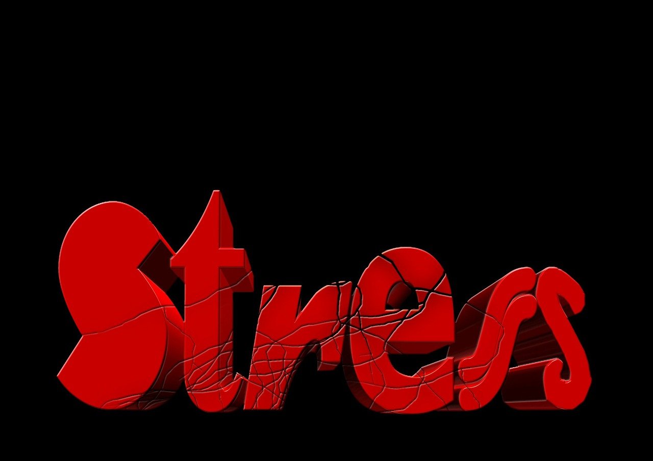 'Stress'라는 단어가 금이 가고 깨지는 형상으로 표현된 그래픽 이미지