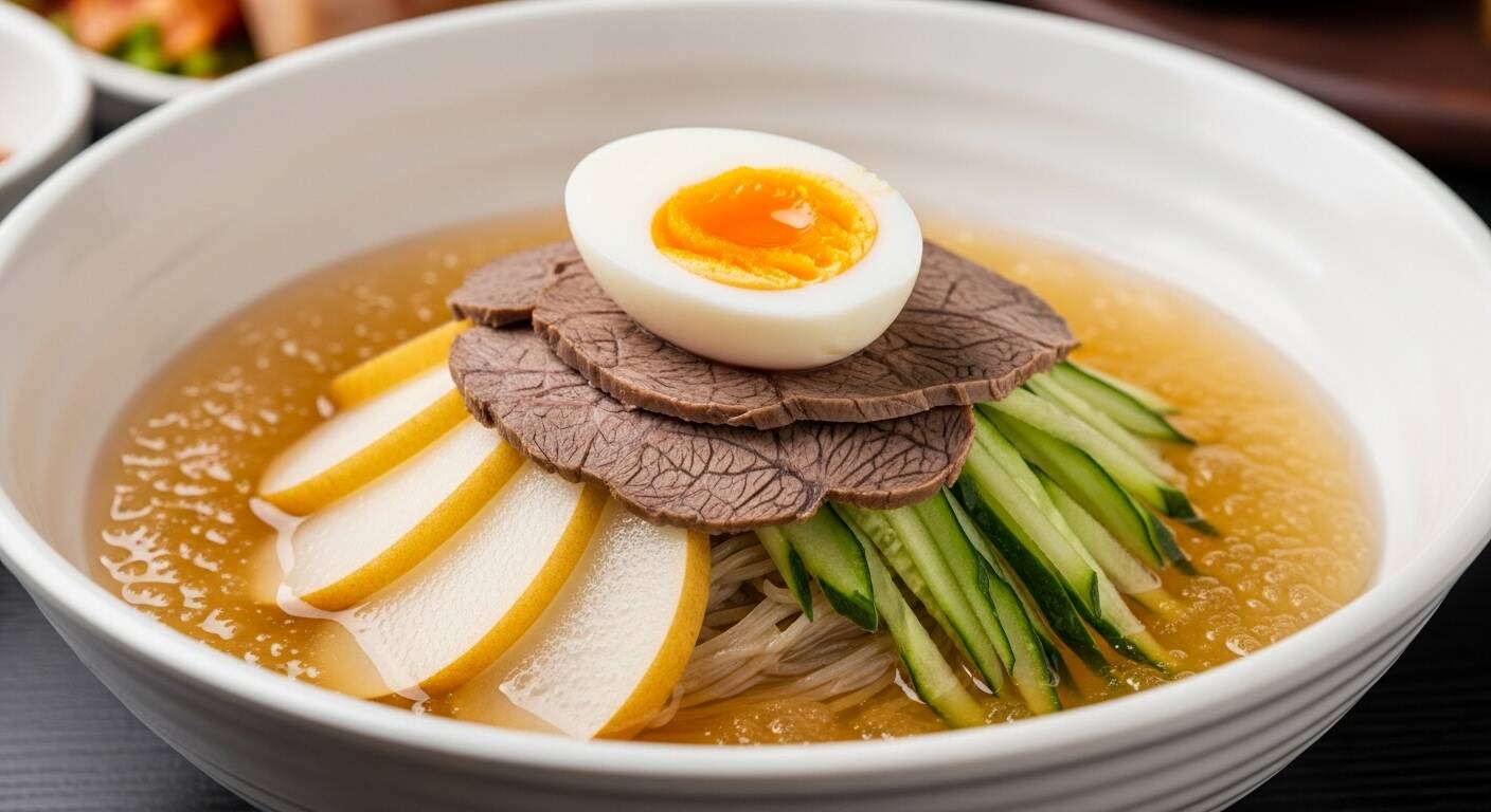 얇게 썬 소고기, 배 슬라이스, 삶은 달걀 반쪽, 오이채를 올린 평양냉면