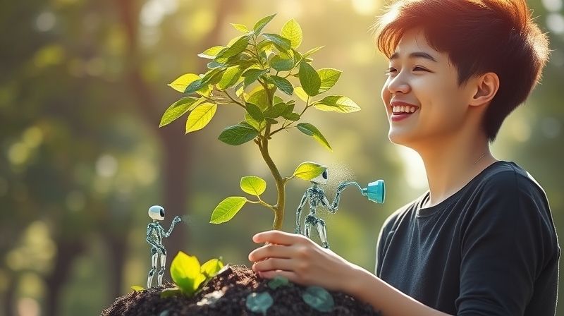 돈으로 만들어진 나무를 AI 로봇이 키우는 모습으로, AI가 돈을 모으는 것을 돕는다는 상징