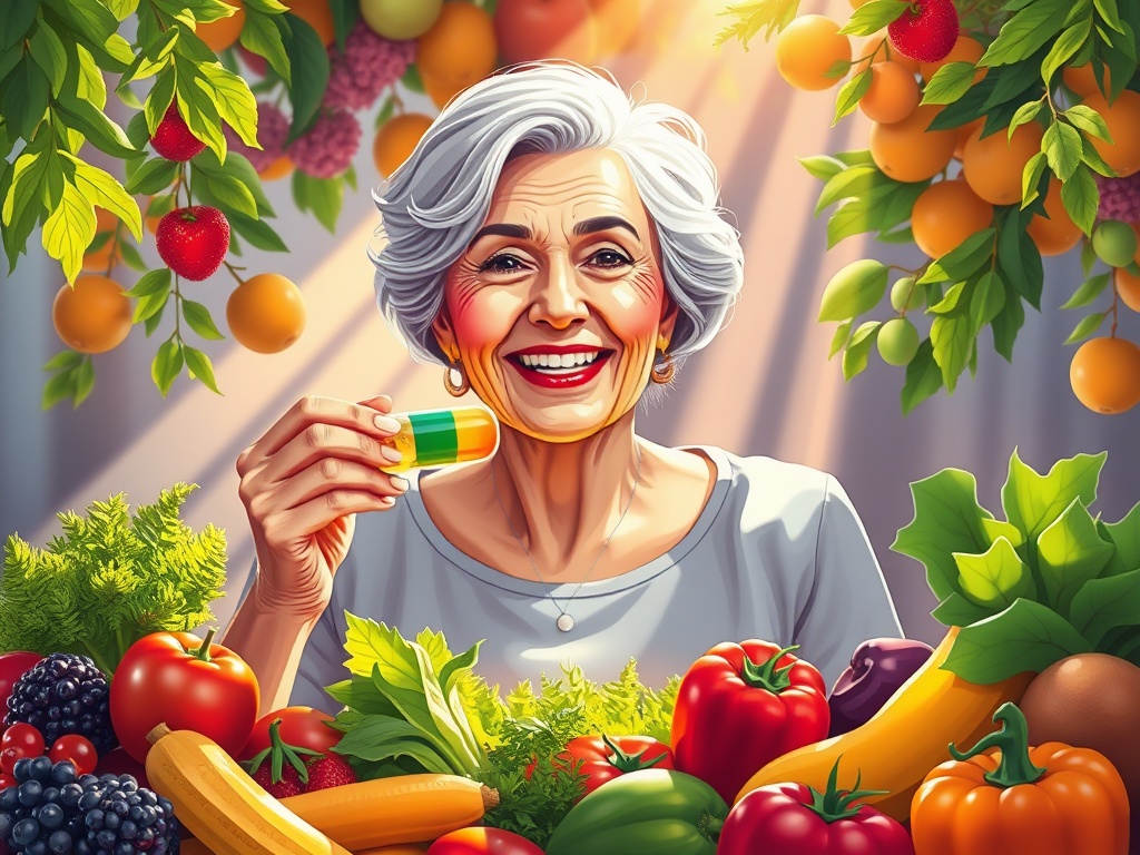 갱년기 여성이 비타민을 들고 밝게 웃고있는 모습