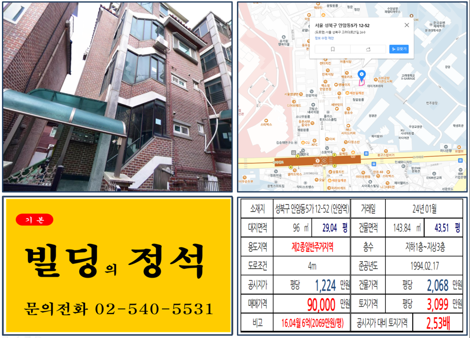 성북구 안암동5가 12-52번지 건물이 2024년 01월 매매 되었습니다.