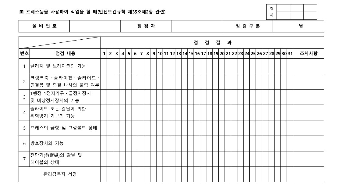 프레스 작업시작 전 점검표